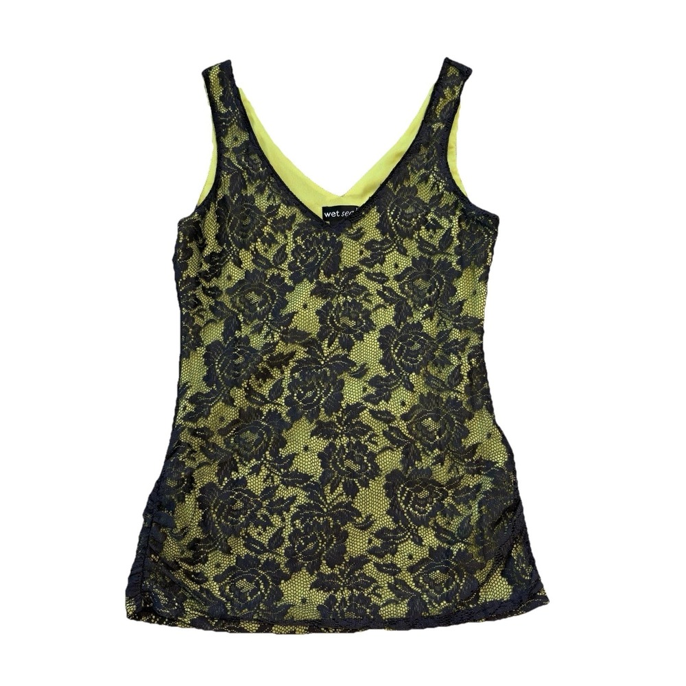 Wet Seal Black Lace Overlay Neon Yellow Tank Top
